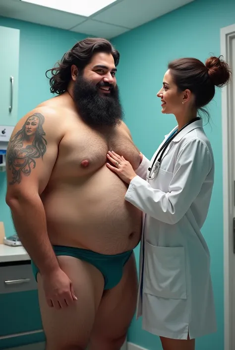 A strong hairy bearded young Persian man in underwear,  with a full body, good humored, being examined by a female doctor.