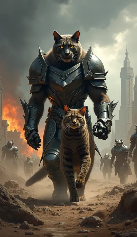 Prompt: "A fierce and determined warrior cat, clad in battle-worn armor, marches through a war-torn landscape, its paws heavy on the scorched earth. The cat’s armor is adorned with jagged edges and battle scars, featuring sharp, metallic plates that gleam ...