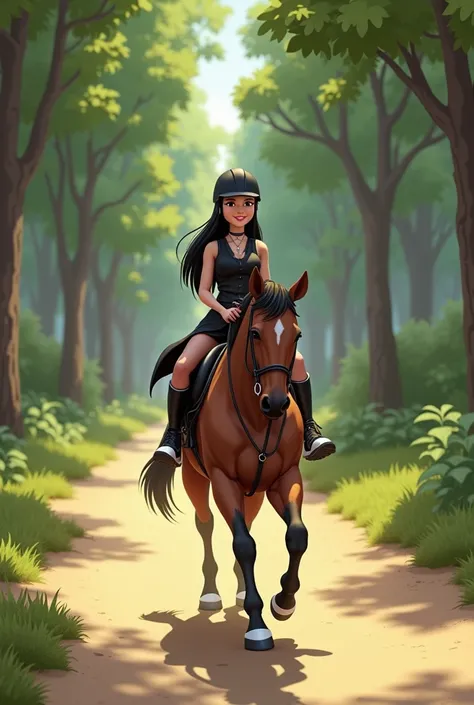 Woman 30 years, long straight black hair, wearing black elegant shorts with black sheer pantyhose, black vest and black short coat, white sneakers with black horse riding helmet, riding a horse through the woods sand path.

Pixar Cartoon