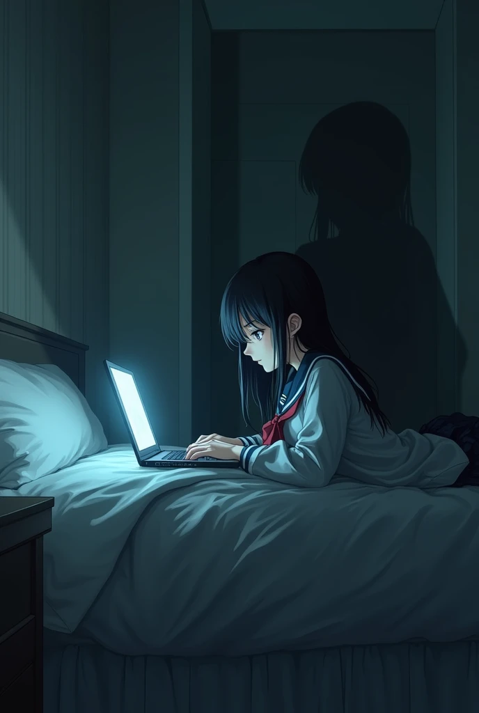 Female schoolgirl in school uniform is playing notebook in double bed hotel room. Haunted atmosphere with faint ghost shadow