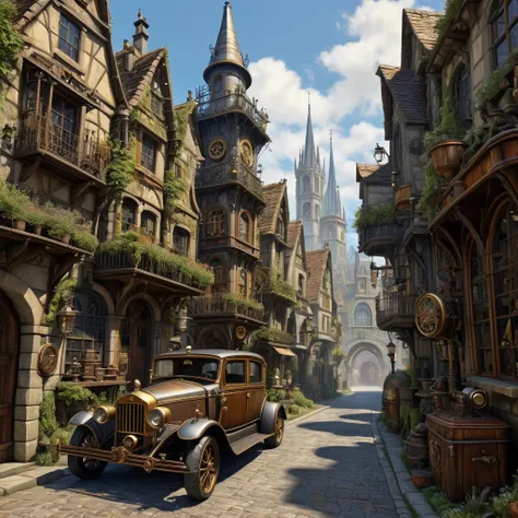 15th century ,  European medieval city street ,  next to the house there is a steampunk car ,  assembled from car parts from the 40s of the 20th century,  ultra quality ,  overdetailed ,  intricate details , clear thin lines , oil, canvas,  a mix of steamp...