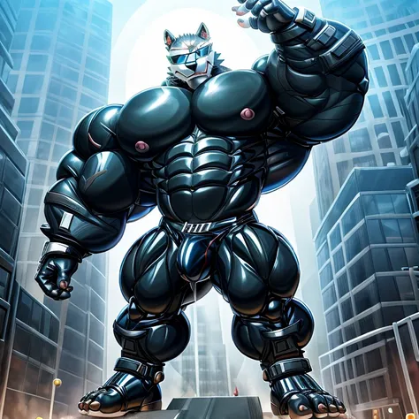 -  Freddy wolf is wearing a latex muscle suit. (He is wearing sunglasses.)
- masterpiece. official art. 8k. best quality. detailed full body. full body.
- black latex muscle suit. latex Muscle Suit. The whole body is black.
- no face. wearing a full-face h...