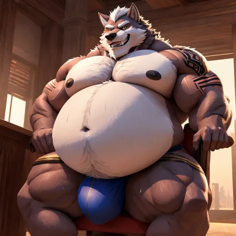 ((افضل جودة)), ((تحفة)), (مفصلة للغاية), ((4K)).

bara wolf, very old,60 years old,father,only focus, yellow eyes, muscular, very fat, massive very obese body, make body more muscular, body bigger,fluffy tail, huge pecs,shirtless, black Jockstrap, fat bell...