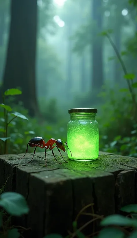 Here’s the modified prompt:  

**"A chinti (ant) curiously examining a glowing green toxic jar with a danger sign, placed on a wooden platform in a dense forest, cinematic composition, photorealistic details, eerie glowing green light reflecting off the an...