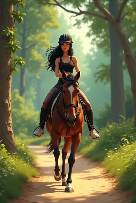 Woman 30 years, long straight black hair, wearing black elegant shorts with black sheer pantyhose, black vest and black short coat, white sneakers with black horse riding helmet, riding a horse through the woods sand path.

Pixar Cartoon Disney Animation 