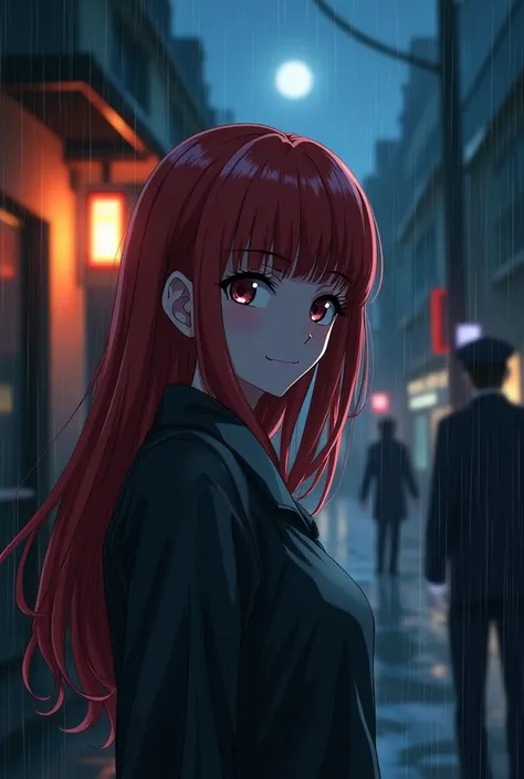 Beautiful red-haired woman in the rainy evening with a Mafia man and a police man fighting for her good street lighting,  with the moon in its glare 8k , They are in an alley ,  with bright lighting in the rain , anime
