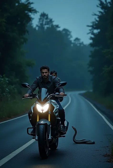 BMW G310R motorcycle with father and son in the middle of the road at night in front of a snake