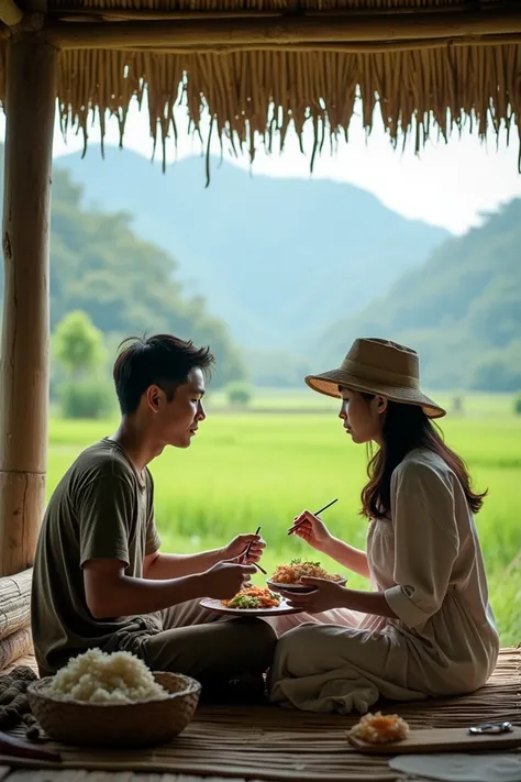  Full from a distance a 27 year old asian man with neat short hair .  Wearing a bucket hat , wearing a shabby t-shirt , wearing trousers.  And a beautiful Korean woman with shoulder-length hair in braids .  Wearing a Sundanese dress .  Full from afar sitti...