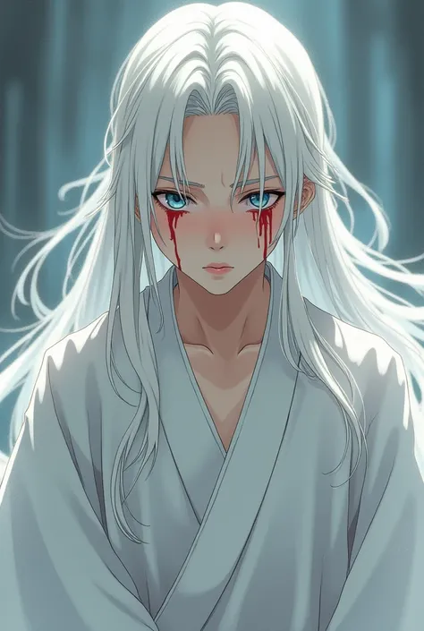 Man with a faith-like appearance and long white hair , crying blood like the image of a virgin crying blood and wearing traditional Japanese white costume that is a Chinese animation style drawing that reflects sadness and divinity with blue eyes and a you...