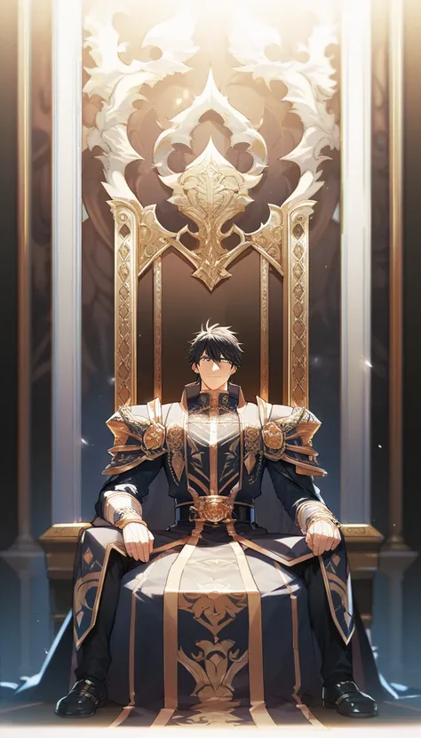 Anime style , black man, long straight black hair , intricate golden divine armor, white tomb, sitting on a throne   , masterpiece 