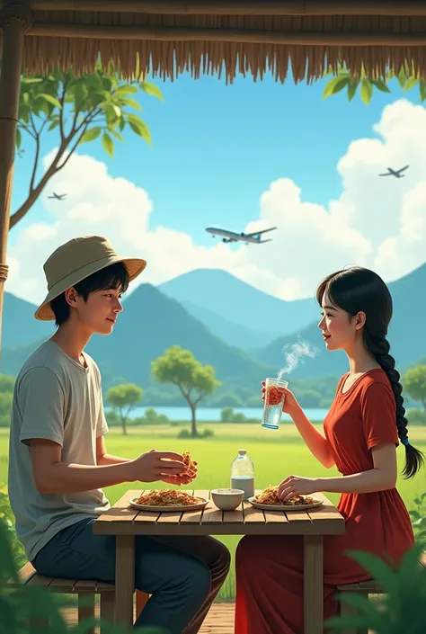  Full from a distance a 27 year old asian man with neat short hair .  Wearing a bucket hat , wearing a shabby t-shirt , wearing trousers.  And a beautiful Korean woman with shoulder-length hair in braids .  Wearing a Sundanese dress .  Full from afar sitti...