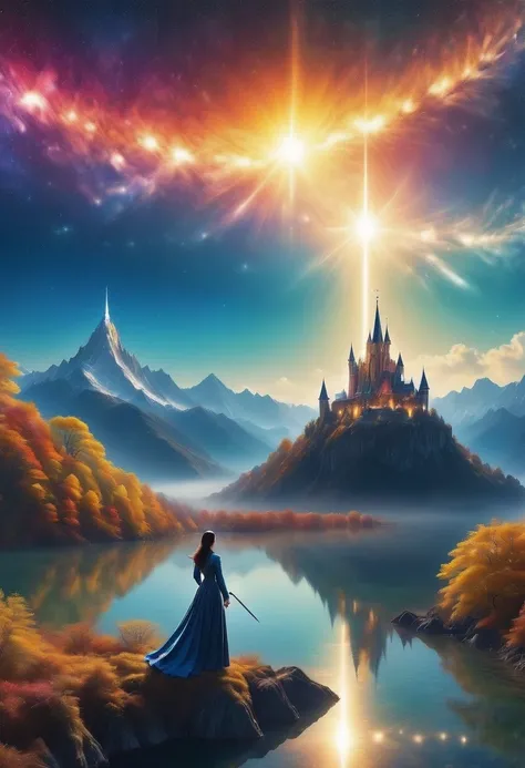 (8k,   best quality , masterpiece, ファイナル fantasy standing in a church風: 1.2), ( unrealistic, Photographically: 1.37), (, a sorcerer woman standing on the lakeside, Big swinging bust, With sword and fire, Her sword shines in the heavens:1.1),  Dreamy Scener...