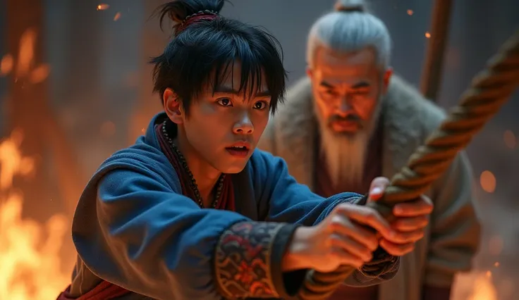 "A cinematic moment as Hoàng reaches out to grab the rope, his hands shaking with both fear and excitement.

Hoàng: Hoàngs face is etched with determination as he closes his eyes briefly, taking a deep breath. His grip on the rope tightens, feeling its wei...