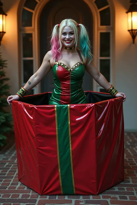  Ultra-realistic HDR image of Harley Quinn with colored hair and green and red dress with Christmas design she is coming out of a huge gift box and her arms are open.  The box is red with green and gold ribbon grid , The lid is on the floor .  The box is o...