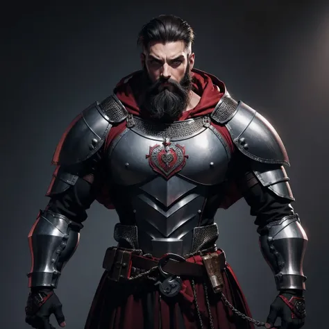 Soldier Style Knight Armor 40 Years Old Men Fighting Posture Rough Outfit One-Sided Bald Refined Equipment Chest Red Heart Badge Cartoon Line Style Strong Character Beard Features Muscle Feeling Battle Weapon Traditional Medieval Design