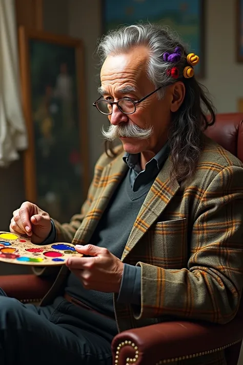 older man, with mustache, glasses, long hair with curlers ,  and a palette in the hand ,  with a checkered jacket,  sitting on a chair 