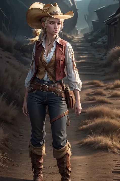 create a character  sheet from the content reference image  (full body shot), HDR Cinematic lighting, western nighttime background , vivid, Emma in a cowboy hat ,blonde hair ,braided pony tail , (cowboy hat) ,  ,wearing an  outfit consisting of faun cowboy...