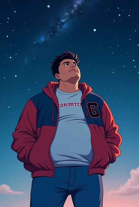 Chubby man with a cinnamon complexion anime ,  hooded jacket in red and blue white polo with writing on the chest ZURO, jean pants looking at the starry sky  