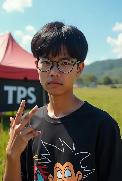 a man wearing glasses from Indonesia, blunt cut black hair, wearing a black t-shirt with the image "Luffy", showing his little finger smeared with dark blue ink, with a tent in the background with the words "TPS", in the middle of a field, bright, village,...