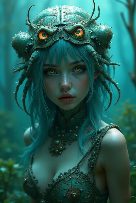 ((best quality)), ((highly detailed)), masterpiece, (detailed eyes, deep eyes), (1girl), upper body, (crab girl), arthropod girl, carapace, aqua hair, navel, swamp, partially underwater, (at a meadow), insanevoid, glowing, (glowing eyes), ((extra eyes)), h...