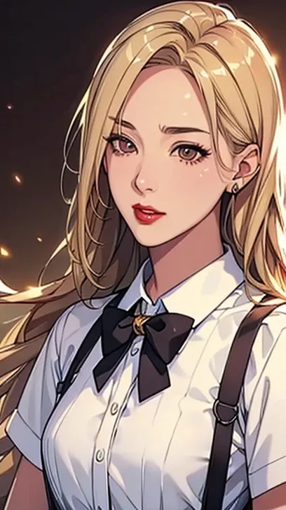 ( top quality and best ,8k, high definition ,masterpiece:1.2), digital art ,  one girl who is at ease，owl， detailed face ， detail eyes， blonde hair，Long straight hair，sparkling amber eyes ， red lips， suspenders