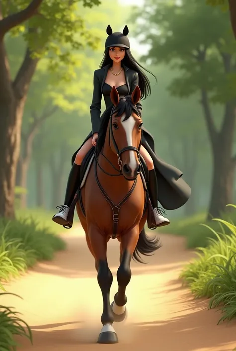 Woman 30 years, long straight black hair, wearing black elegant shorts with black sheer pantyhose, black vest and black short coat, white sneakers with black horse riding helmet, riding a horse through the woods sand path.

Pixar Cartoon Chararacter Disney...