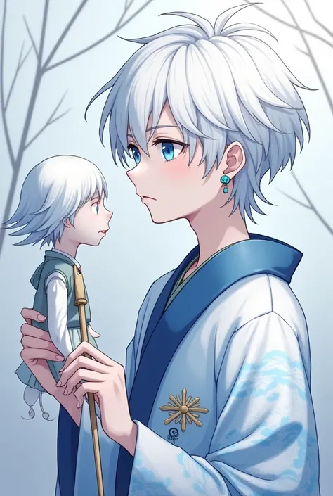 cmodel,  digital illustration, (masterpiece:1.2),  High Quality ,  detail eyes, White Hair, slightly longer short hair holding a puppet, kimono,profile， pipette，up， blue eyes， is cool男の子，I have a snowflake ，anime， is cool，Neutral，Turn your cheeks slightly ...