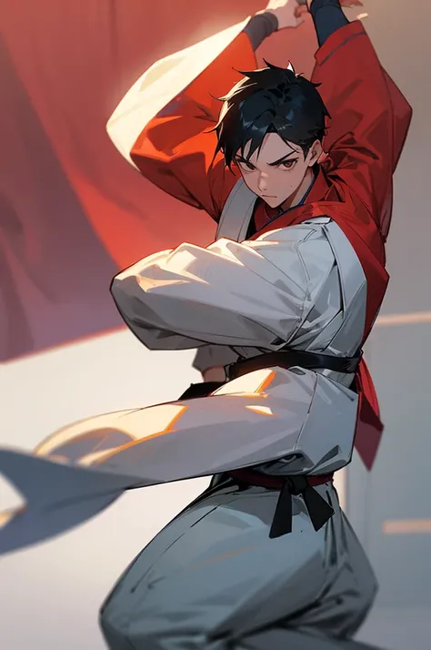 young adult,male, martial arts gi, dojo background.