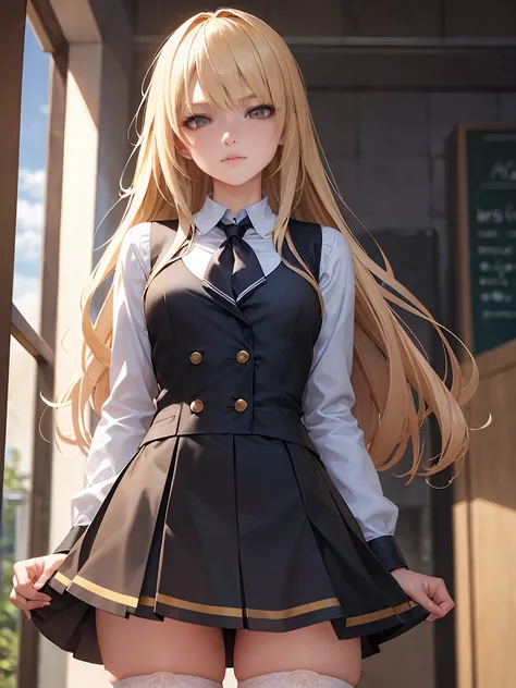 looking at spetactor, 1 college girl, solo, kharia, blonde hair, long hair, brown eyes, medium big chest, black thighhighs, school entrance, skirt, 8k, uhd, hyper realist, cgi, high quality, perfect face, detailed eyes, full upskirt, minitop