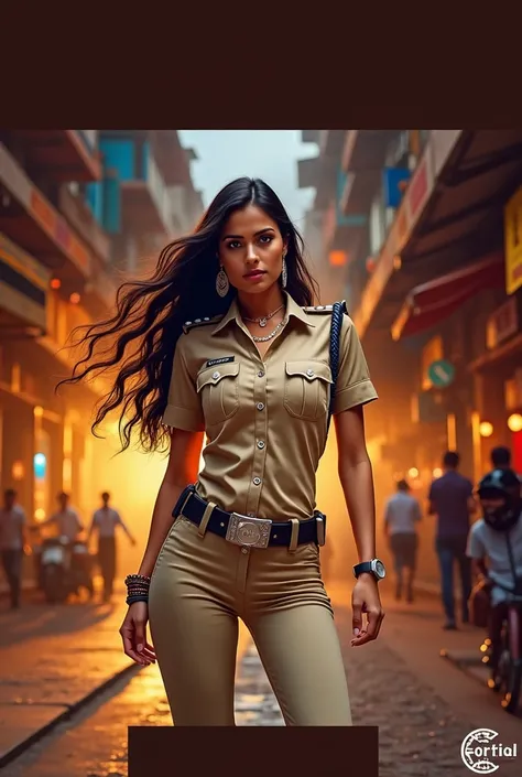 Generate a real life image of a Indian police woman , she is wearing police khaki buttoned shirt tucked in skintight khaki police pants , and black belt, skinny pants, skinny girl , skintight buttoned police shirt, she is wearing high-waisted pants that hi...