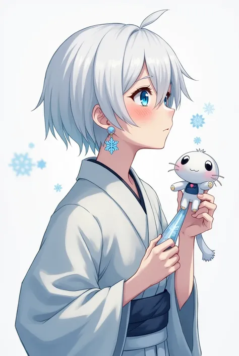 cmodel,  digital illustration, (masterpiece:1.2),  High Quality ,  detail eyes, White Hair, slightly longer short hair holding a puppet, kimono,profile， pipette，up， blue eyes， is cool男の子，I have a snowflake ，anime， is cool，Neutral，Turn your cheeks slightly ...