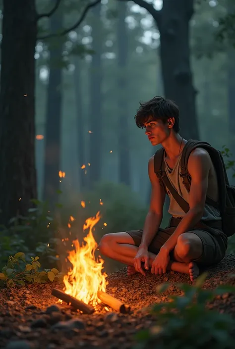 young man sitting by the fire in the forest