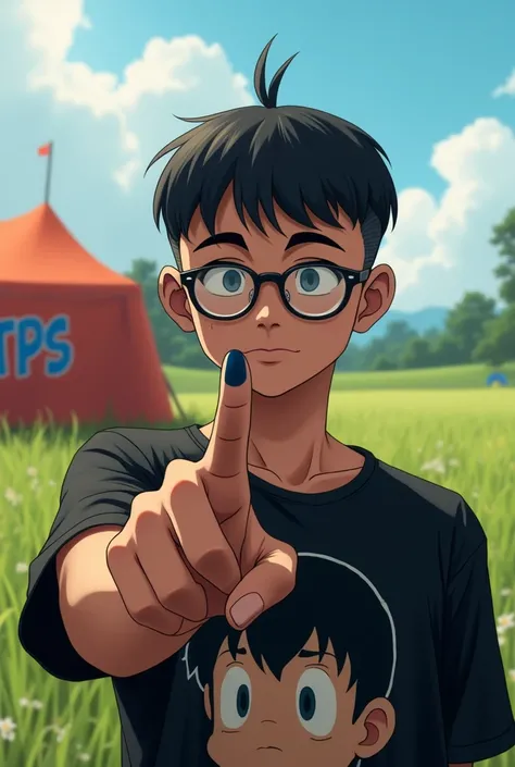 a man wearing glasses from Indonesia, blunt cut black hair, wearing a black t-shirt with the image "Luffy", showing his little finger smeared with dark blue ink, with a tent in the background with the words "TPS", in the middle of a field, bright, village,...