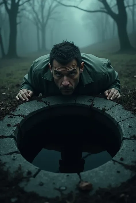 The man leans over the edge of the well, his face curious yet uneasy. The inside of the well is pitch black, and faint, eerie sobbing sounds rise from the depths.
