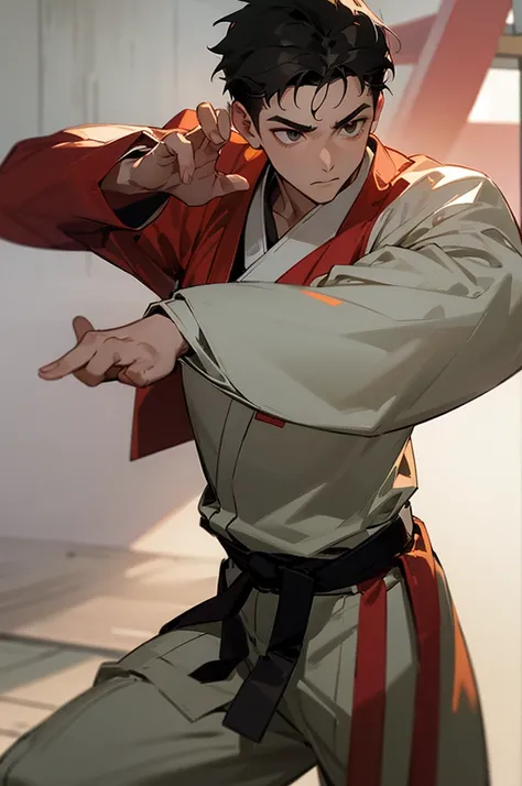 young adult, male, martial arts gi, dojo background.