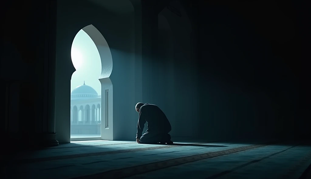 A serene Islamic scene in a dimly lit mosque at night. A devout Muslim man is in the act of sujood (prostration) during prayer, positioned on the right side of the composition. The atmosphere is tranquil and sacred, with the soft glow of moonlight streamin...