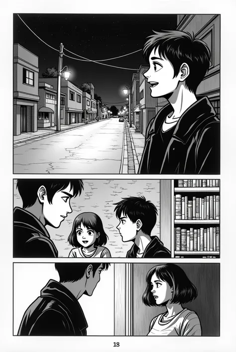  Use a perspective angle of the street so they can be seen walking towards the reader {x} create an image, but all in black and white, of a Marvel-style comic page with 4 bullet points showing the introduction of the story. The details are :

Vignette 1:
 ...