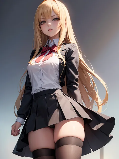 looking at spetactor, 1 college girl, solo, kharia, blonde hair, long hair, brown eyes, medium big chest, black thighhighs, school entrance, skirt, 8k, uhd, hyper realist, cgi, high quality, perfect face, detailed eyes, full upskirt, minitop