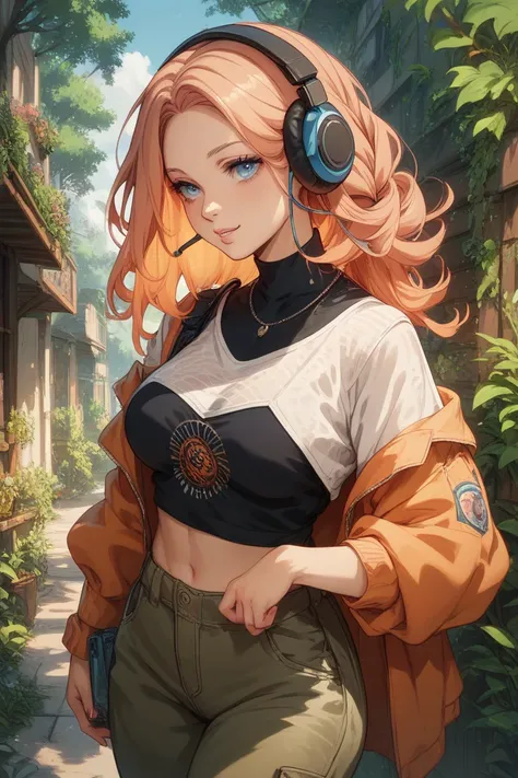  Gentle and shy female character ,  she has voice and vibration related skills,  her main colors are orange and dark blue, colder cores, She wears cargo pants , Detail her clothes , She has headphones 