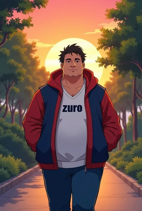 Chubby man about 35 years old with cinnamon skin anime design,  hooded jacket in red and blue v-neck in white that has the word ZURO written in polo,  jean pants,   walking along a road full of trees in the middle of the sunset  