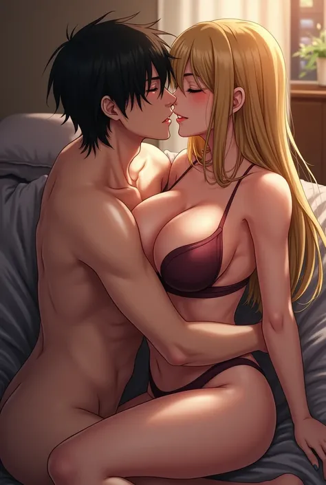  An anime woman with medium and straight hair, blonde with white skin color , With big boobs naked having sex with a white-skinned man with small black hair