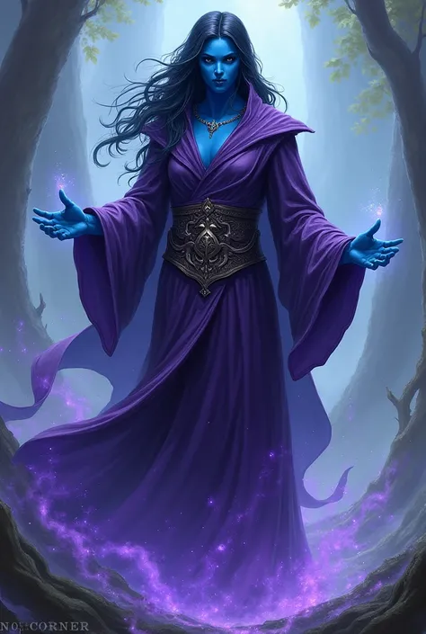 Sorcerer with blue skin with long hair in purple clothes