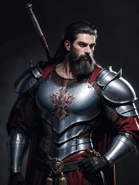 ull shot:1.5 Soldier Style Sophisticated Knight Armor 40 Years Old Men Fighting Posture Rough Shape Side Hairstyle Refined Equipment Chest Red Heart Badge Cartoon Line Style Strong Character Beard Features Muscle Feeling Battle Weapon Traditional Medieval ...