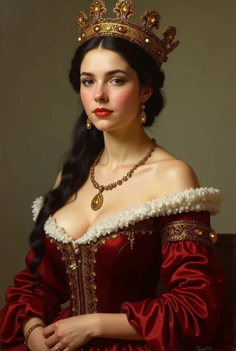 A detailed, realistic oil painting portrait of young Jenifer Connelly, one of Napoleons mistresses, with a captivating and alluring expression, wearing a luxurious dark red dress, very big breast, gigantic breast, large crown on top, golden jewels, sexy