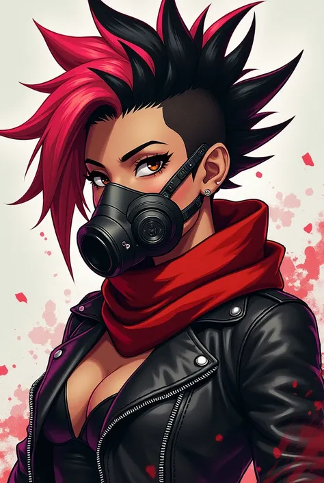 original character, persona 5 royal character,  fantasy art, digital drawing, brown eyes,  anime character, splash art, persona 5 pose, persona 5 artstyle, persona 5 royal aesthetic, a punk girl with black and red pink hair, spike Mohican, phanton thieves ...