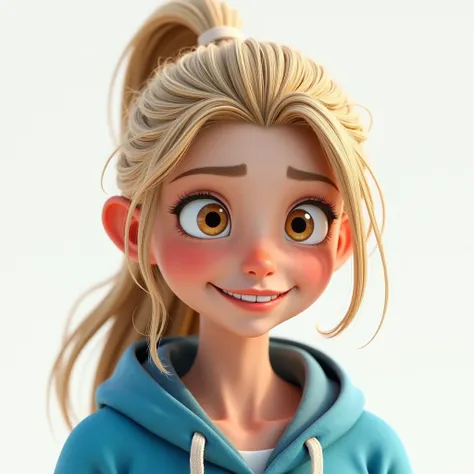 pov, riley, blond hair, ponytail, adult, blue hood, raising an eyebrow, 3d, Feeling Exicited about something she been dreaming about