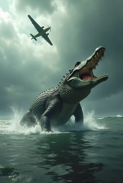 Over a shimmering river, a massive crocodile emerges from the water, its menacing jaws open wide, as a sleek airplane soars low overhead. The tension between the grounded predator and the airborne machine is palpable under a dramatic, stormy sky."