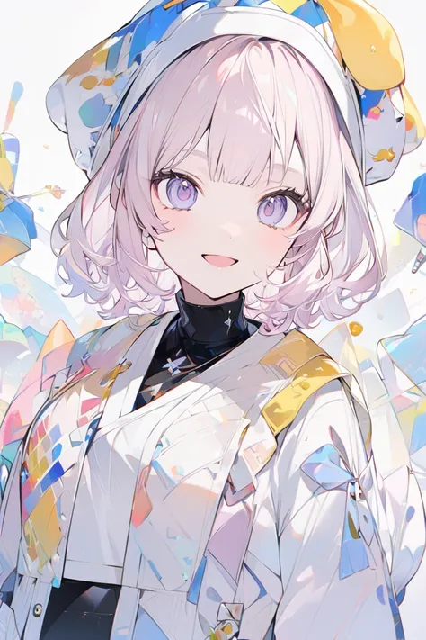 whole body、woman、 cute、vtuber、White background、1 person、front、whole bodyが見える、Character portrait、Arms at sides、upright、 open your mouth、smile、light colored hair、 Simple Outfit 、Modern clothing、Full Figure