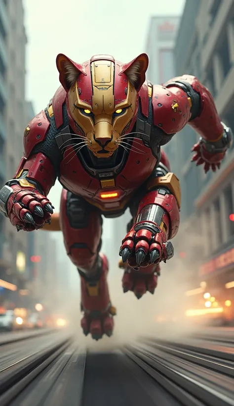 "Create an image of a hybrid animal that combines the sleek, aerodynamic body of a cheetah with the high-tech, futuristic armor of Iron Man. The cheetah’s body should retain its natural grace, with powerful legs designed for speed, but its fur is replaced ...