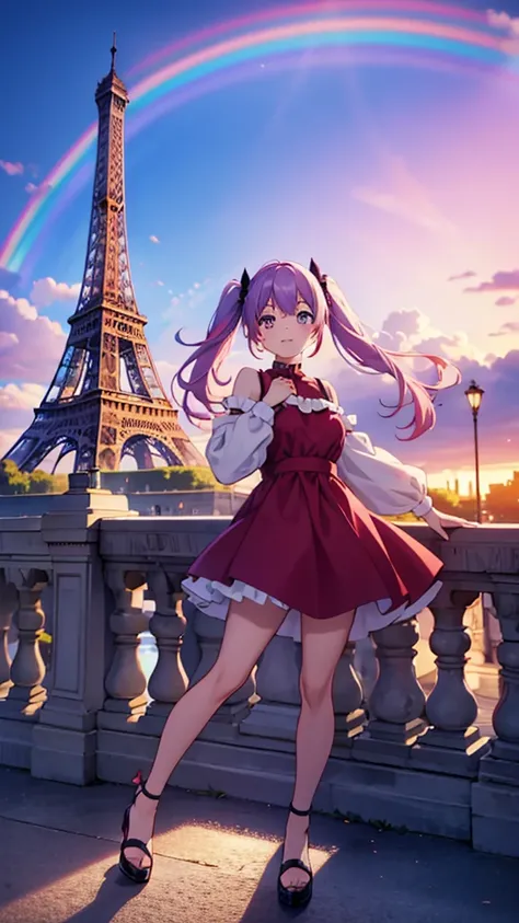 With high definition images，Beautiful image of a big rainbow over the Eiffel Tower ,　masterpiece,  best quality,  high definition : 1.2),  1 girl, alone,  twin tails, Grey Eyes,  face details, Full Body High Quality Image，  Red Dress , Under a clear blue s...